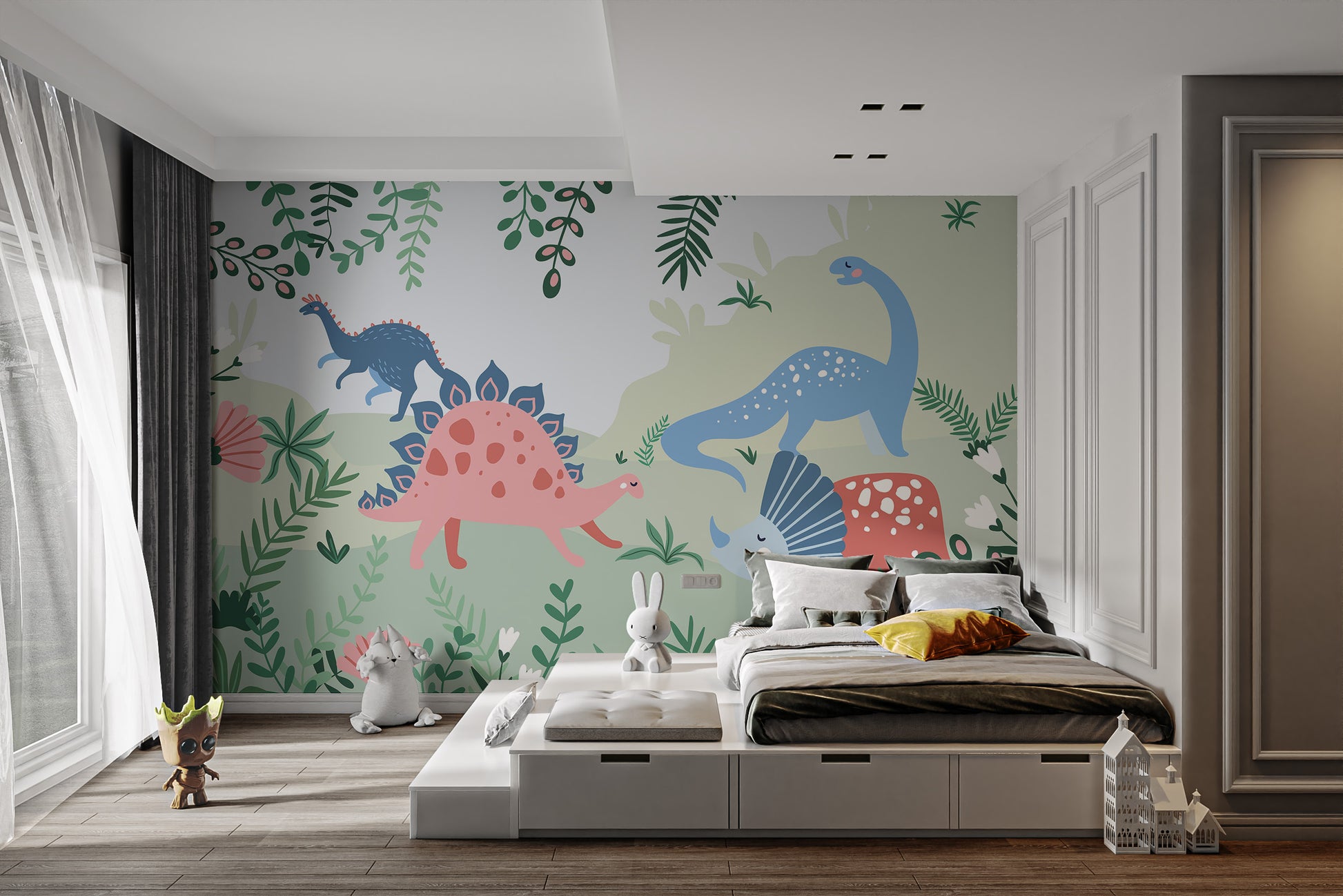 Kids Dinosaur wallpaper mural of pastel dinosaurs and ferns above a low platform bed with gray bedding in a kids room