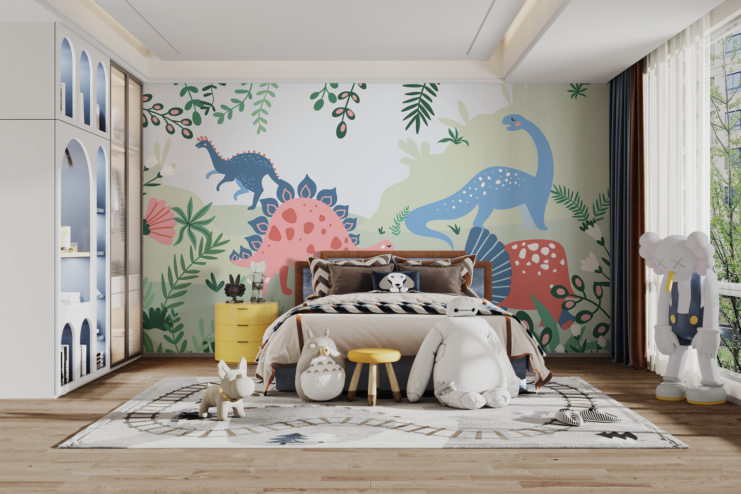Kids Dinosaur wallpaper mural with pink and blue cartoon dinosaurs behind a wooden-headboard bed and yellow nightstand