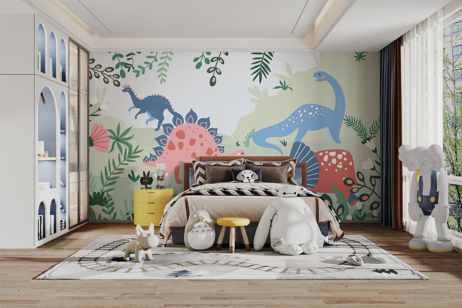 Kids Dinosaur wallpaper mural with pink and blue cartoon dinosaurs behind a wooden-headboard bed and yellow nightstand