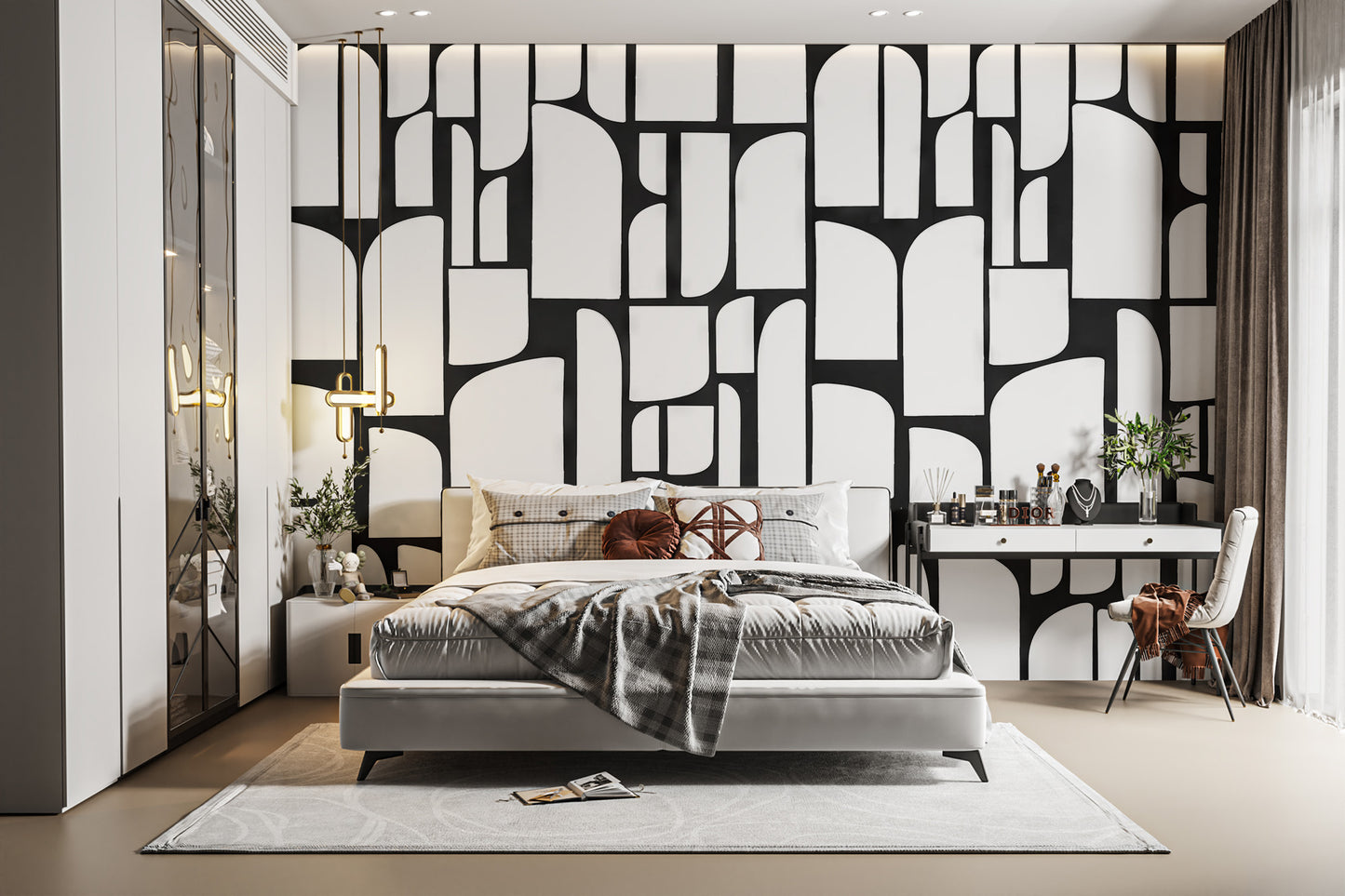 Monochrome Mosaic Tiles wallpaper mural in black and white behind a white bed and vanity in a chic bedroom