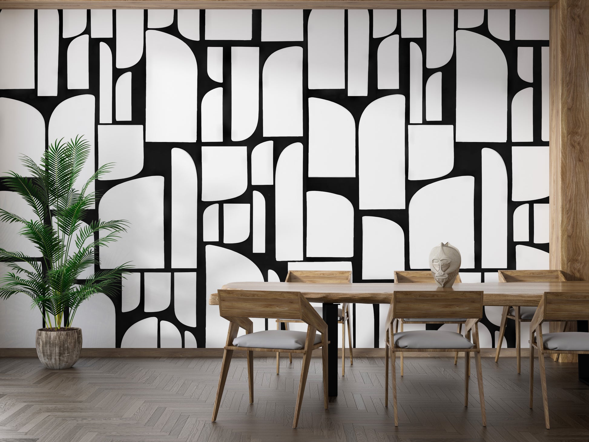 Monochrome Mosaic Tiles wallpaper mural in black and white behind a wood dining table in a bright dining room