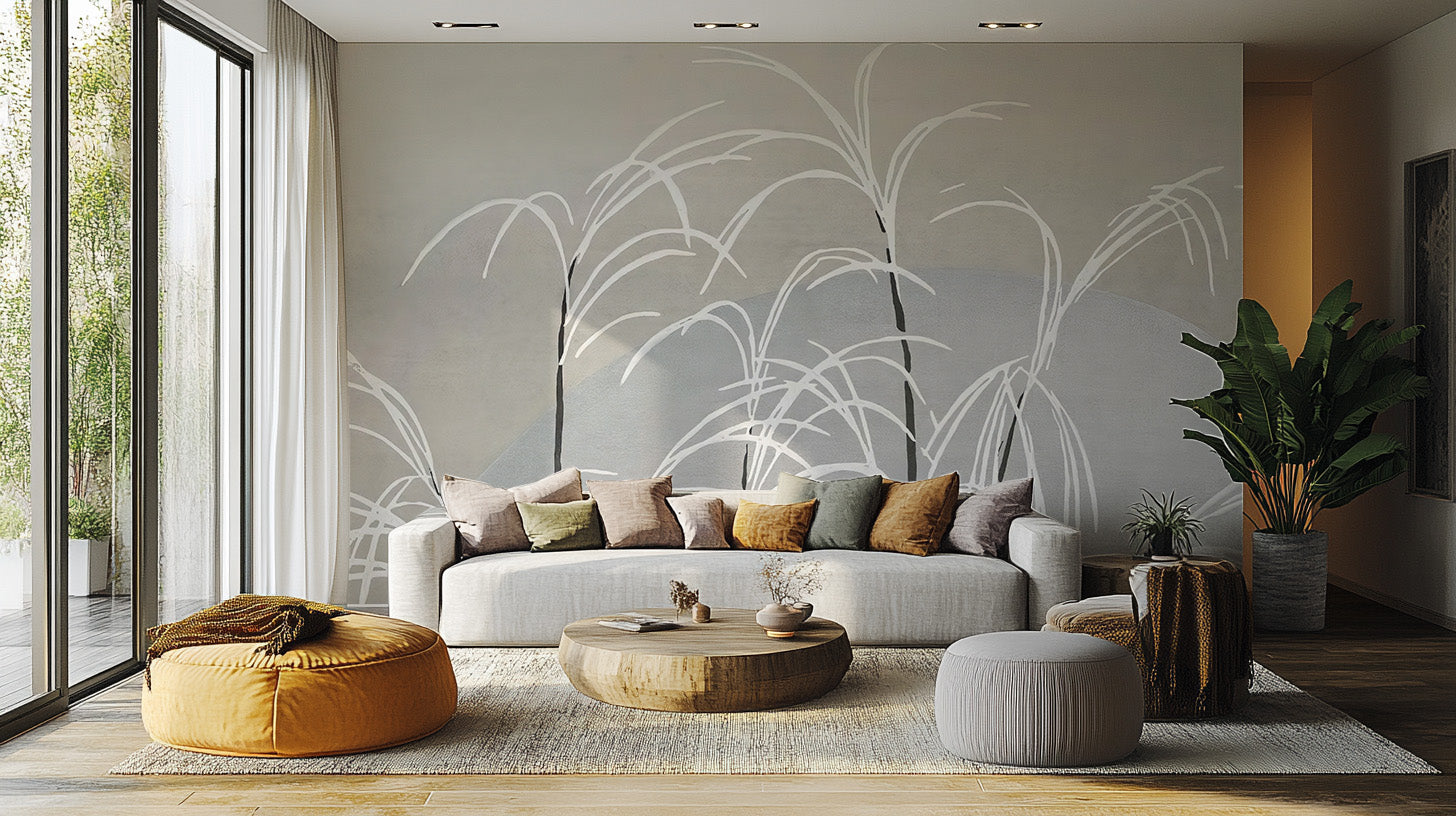 Moon and Grass wallpaper mural in soft grey behind a white sofa, orange pouf and round wood coffee table