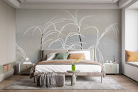 Moon and Grass wallpaper mural with grey moon arc behind a beige bed and green pillows in a soft bedroom