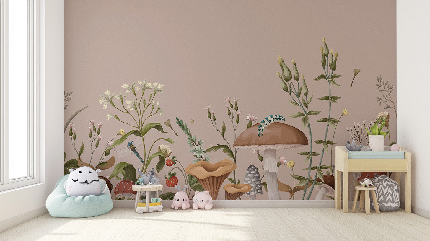Self adhesive Mushroom Garden Wall Mural in a playroom with a small wooden house and plushies for an enchanted room.