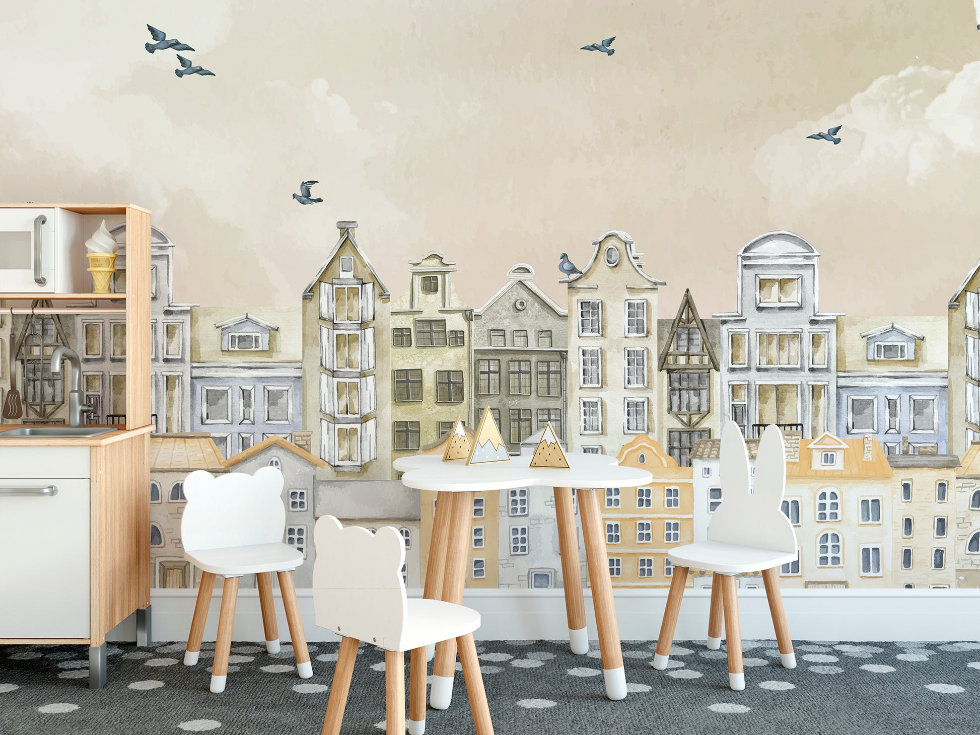 Parisian Dream Wall Mural peel and stick in a playroom with a small white table and two bunny chairs.