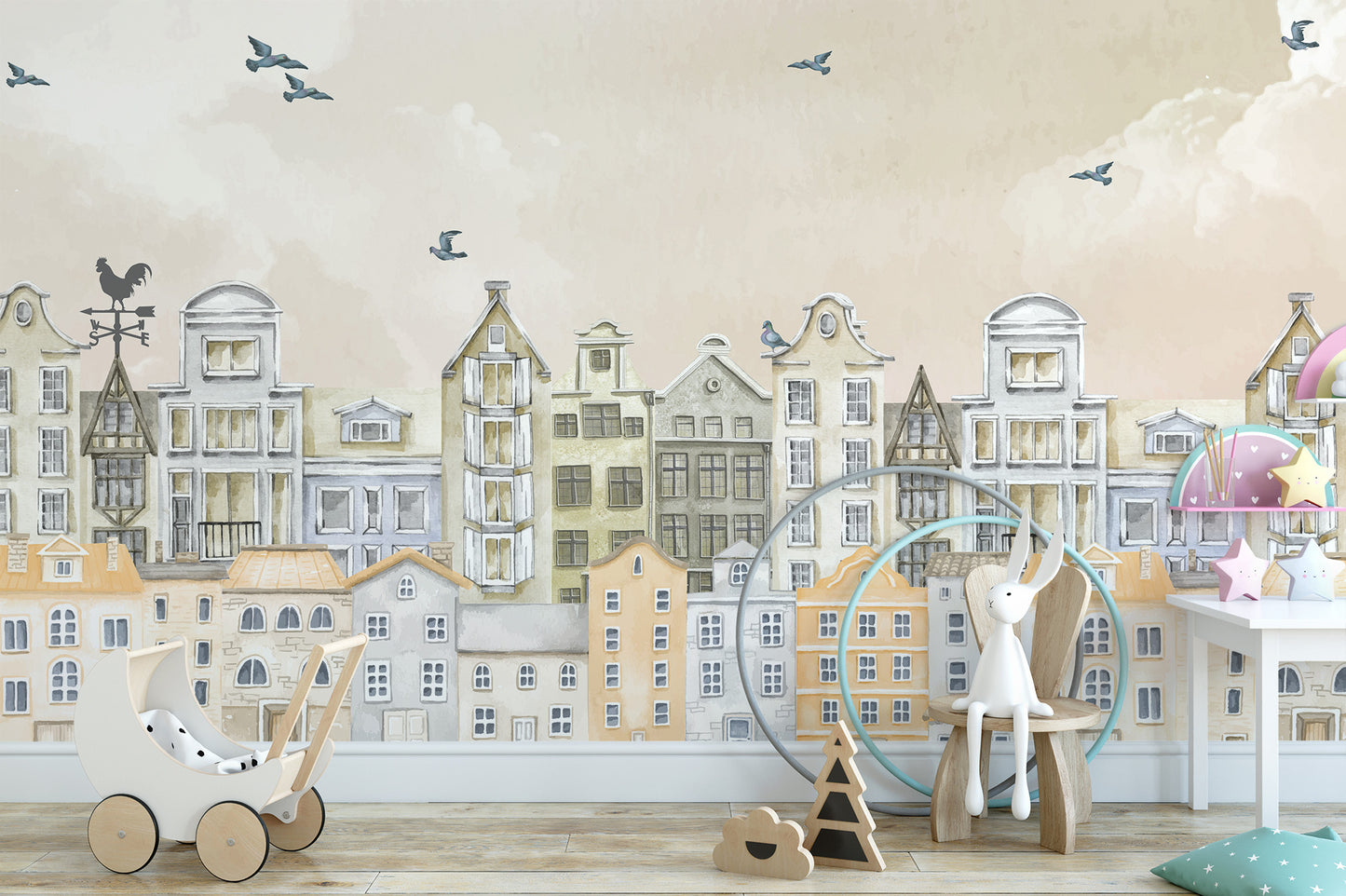 Standard Parisian Dream Wall Mural in a room with a wooden rocking horse and a cozy hanging wicker chair.
