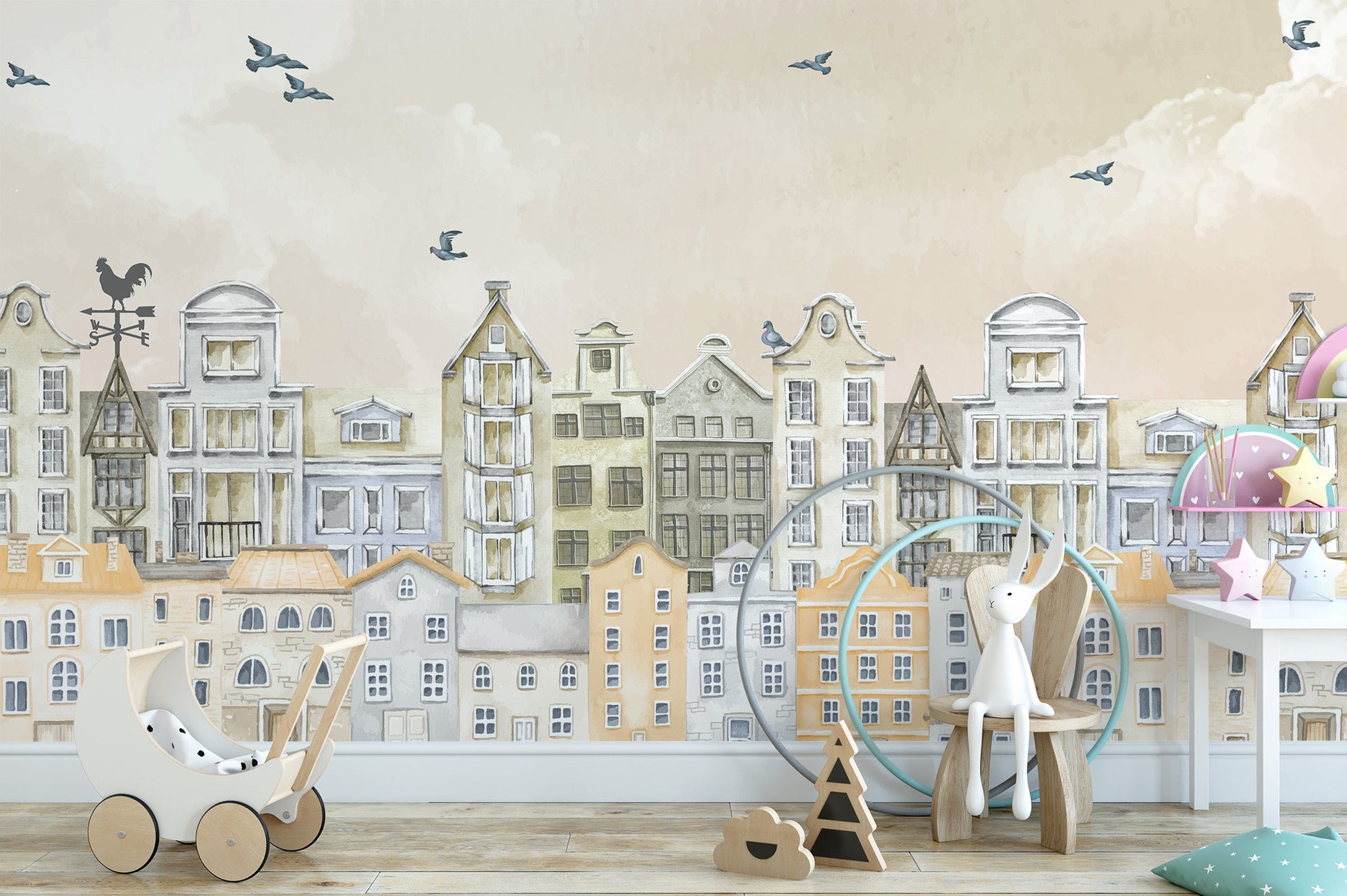 Standard Parisian Dream Wall Mural in a room with a wooden rocking horse and a cozy hanging wicker chair.