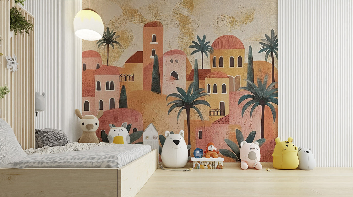 Terracotta House wallpaper mural of a clay village with palms behind a low wood bed and white bear cushion in a kids room