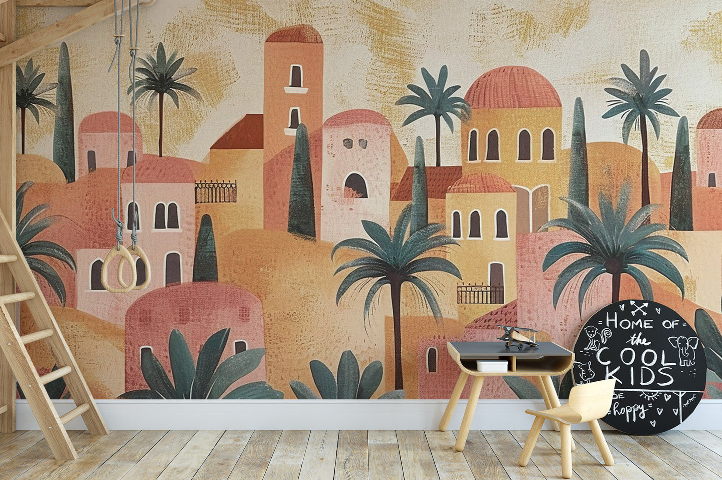 Terracotta House wallpaper mural with earthy village rooftops and palm trees behind a loft ladder and black play desk in a kids room