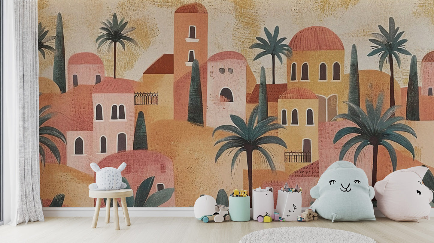 Terracotta House wallpaper mural of a clay desert village with domed houses and palms behind a white stool and plush toys in a kids room
