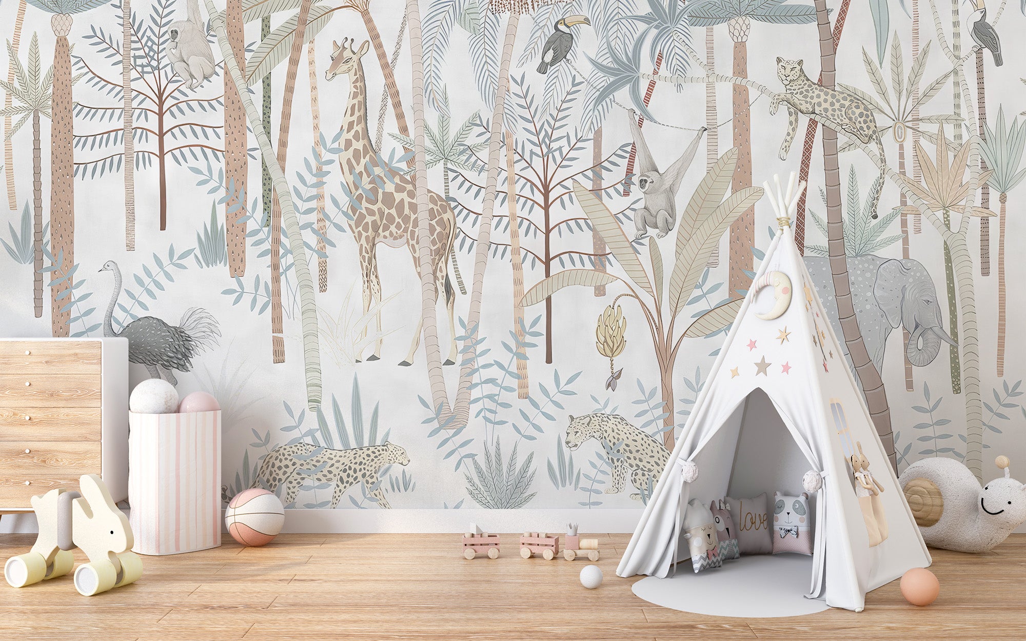 Tropical Mirage Fauna mural with pastel safari animals and palms behind a white teepee in a kids room