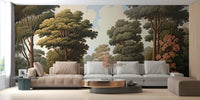 Forest Woodcut Green Nature wallpaper mural of tall green trees behind a beige and grey sectional in a living room