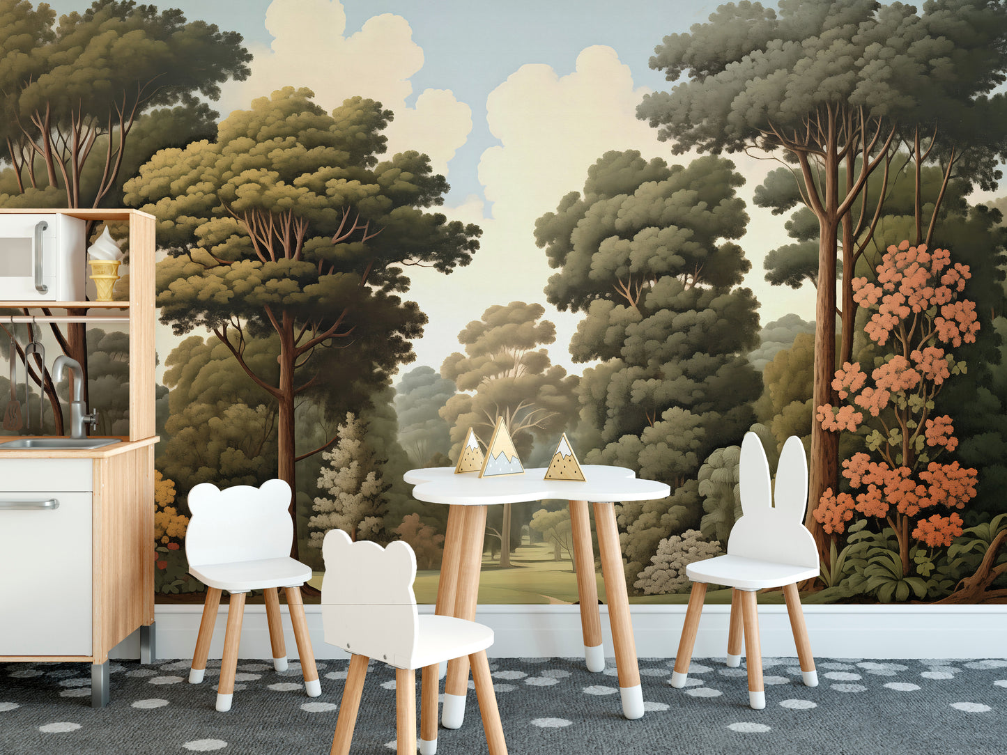Forest Woodcut Green Nature wallpaper mural of green woodland behind white bear and bunny chairs in a kids room