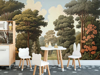 Forest Woodcut Green Nature wallpaper mural of green woodland behind white bear and bunny chairs in a kids room