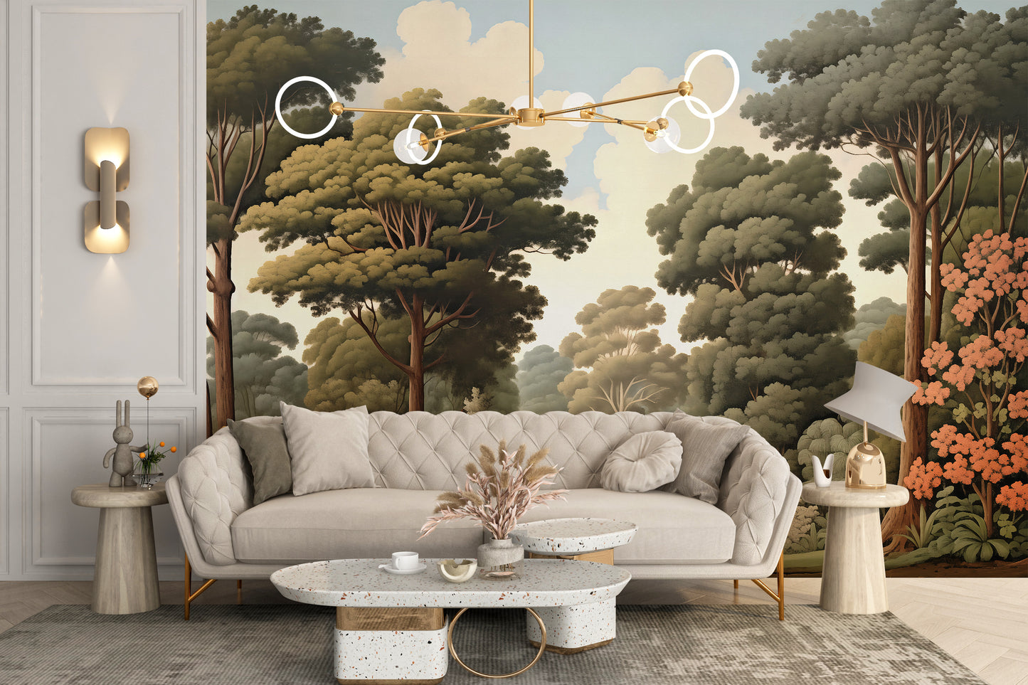Forest Woodcut Green Nature wallpaper mural of a green forest behind a cream tufted sofa in a living room