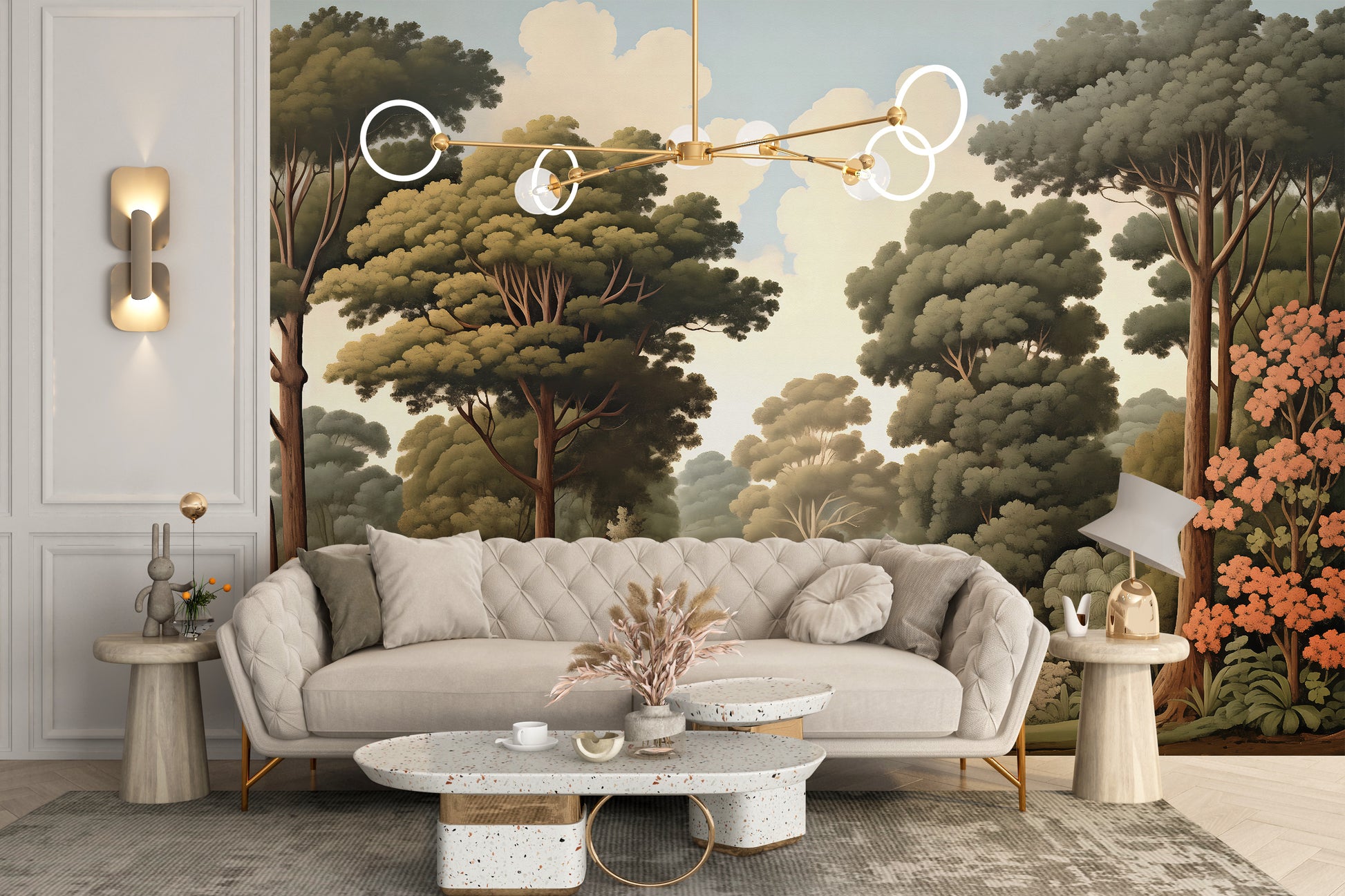 Forest Woodcut Green Nature wallpaper mural of a green forest behind a cream tufted sofa in a living room