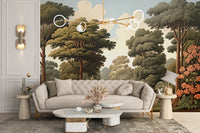 Forest Woodcut Green Nature wallpaper mural of a green forest behind a cream tufted sofa in a living room