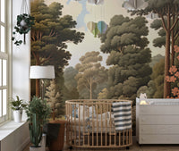 Forest Woodcut Green Nature wallpaper mural of green trees behind an oak oval crib in a nursery with hanging plants