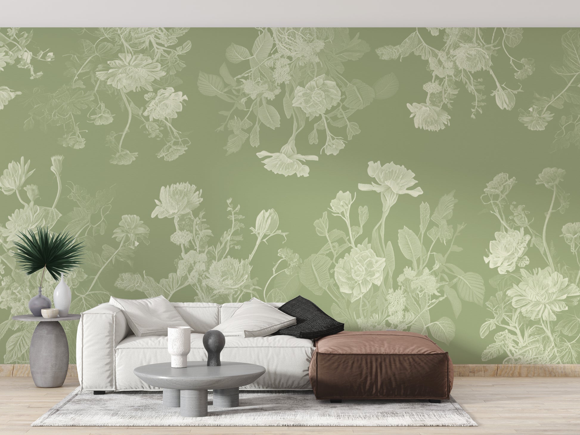 Green Floral wallpaper mural in sage green behind a wood kitchen counter with copper faucet and gas cooktop