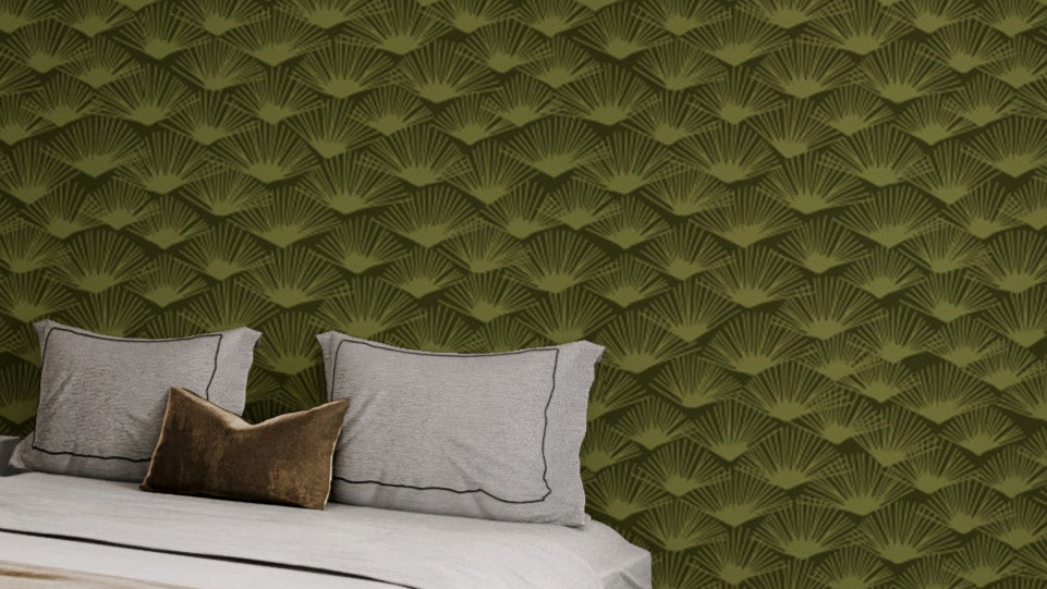 Mystic Moss Fanfare wallpaper with elegant green fan motifs.
