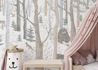 Mystical Forest Scene wallpaper mural of woodland animals beside a pink canopy bed and lion storage basket in a girls room