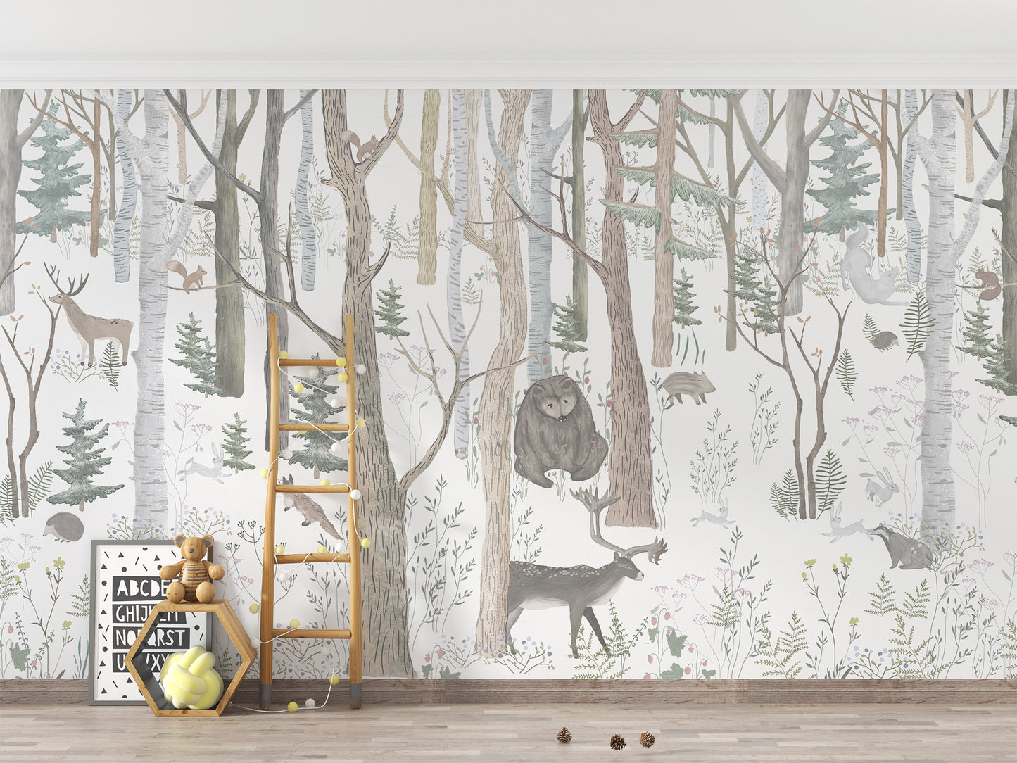 Mystical Forest Scene wallpaper mural with an owl and deer in grey-green woods behind a wooden ladder and teddy bear in a kids room