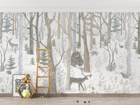 Mystical Forest Scene wallpaper mural with an owl and deer in grey-green woods behind a wooden ladder and teddy bear in a kids room
