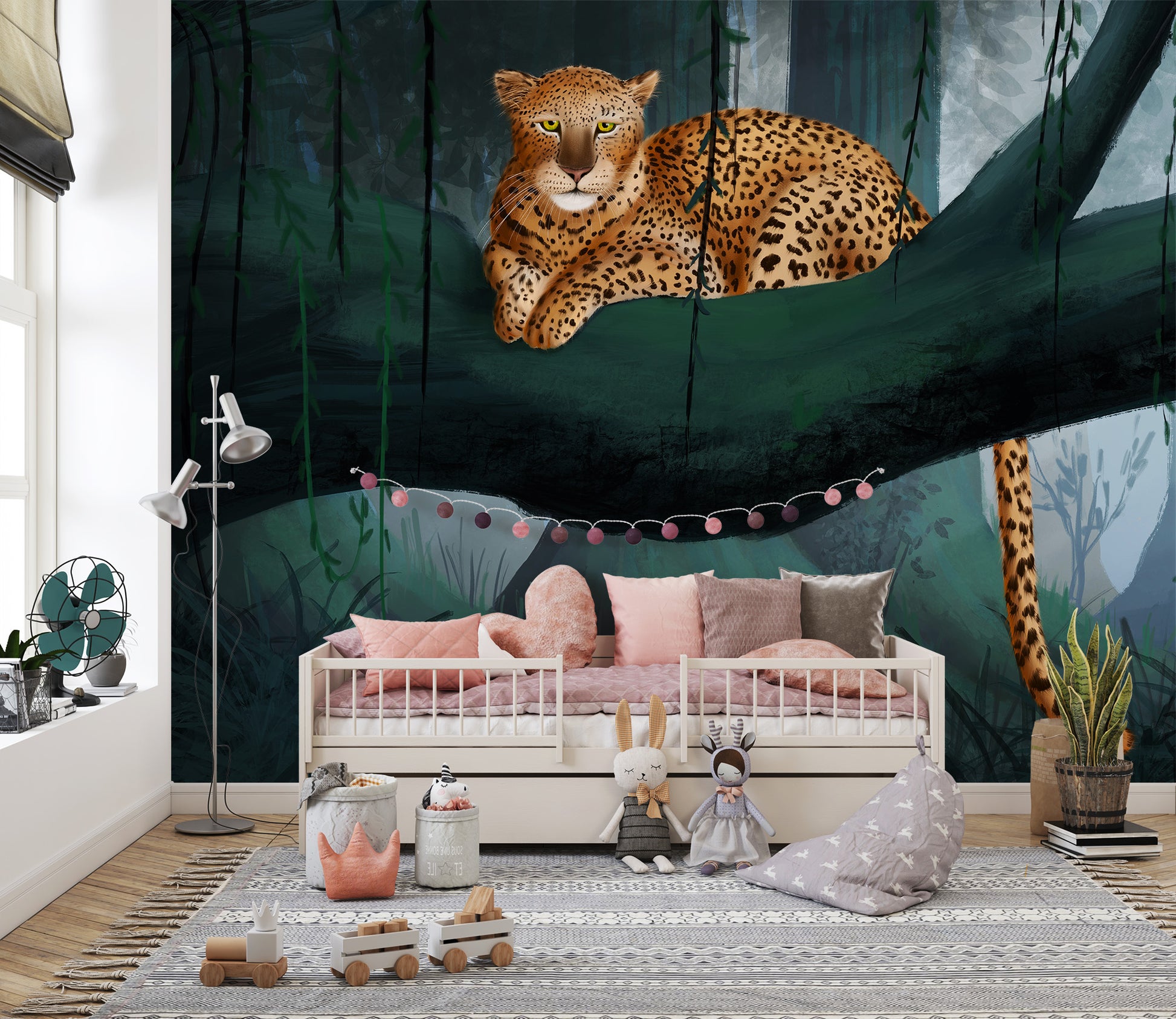 Artistic jungle wallpaper featuring a resting leopard