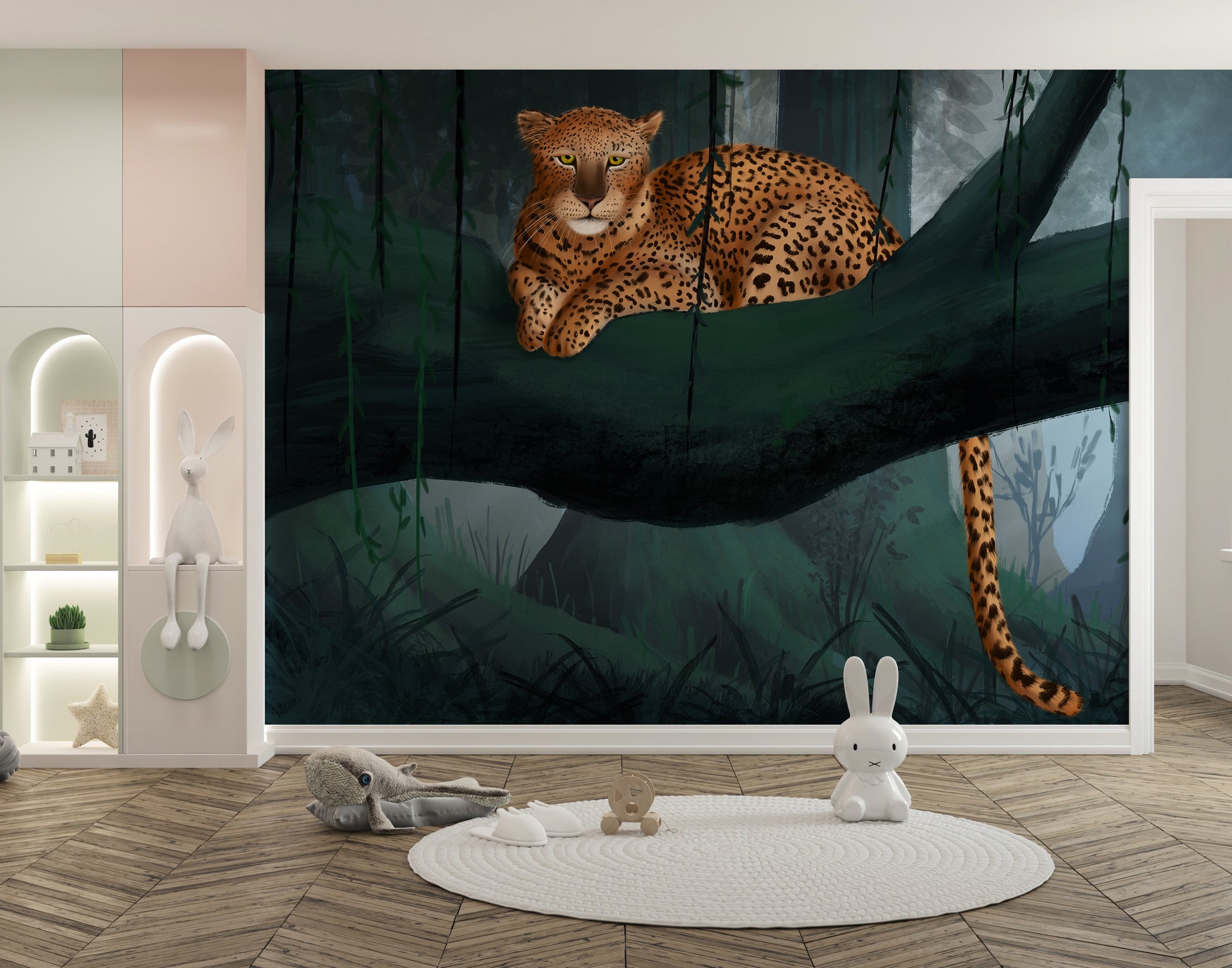 Forest jungle wallpaper featuring a lounging leopard