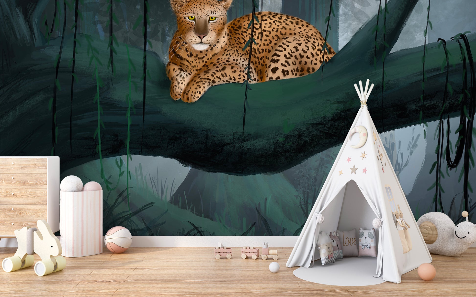 Wildlife-inspired mural with leopard and jungle