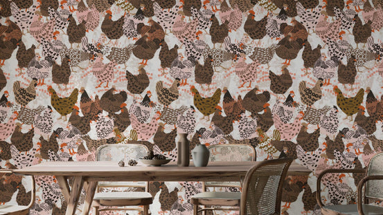 Clucking Chic Poultry wallpaper of brown and blush hens behind a wooden dining table with cane chairs in a dining room