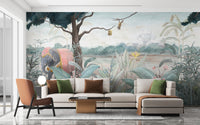 Royal Elephant wallpaper mural styled along a hallway feature wall near a console in green tones