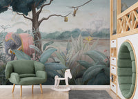 Royal Elephant wallpaper mural as a feature wall in a home office workspace in green tones