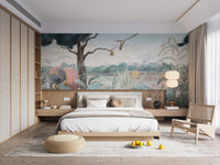 Royal Elephant wallpaper mural styled as a feature wall behind a dining table and chairs in green tones