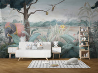 Royal Elephant wallpaper mural as a bedroom feature wall behind the headboard in green tones