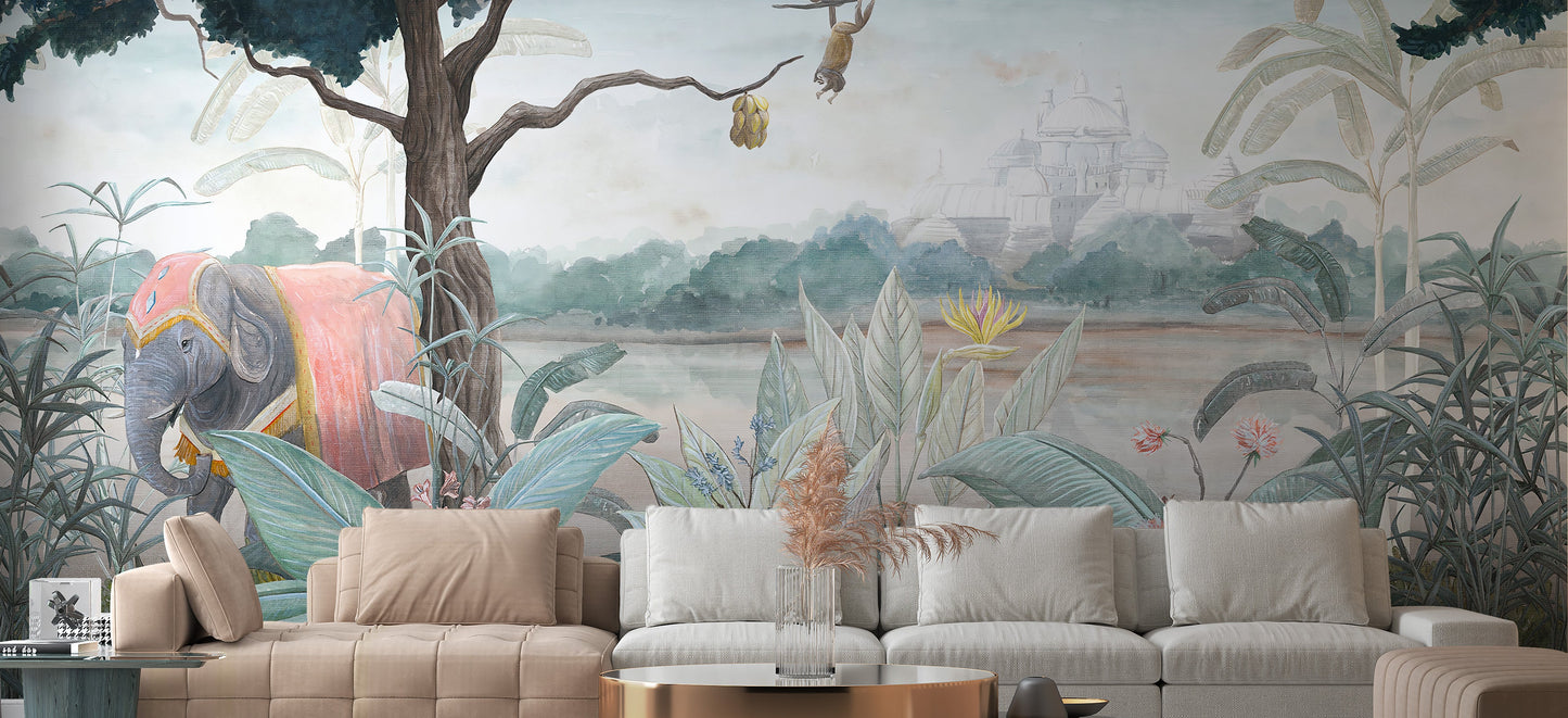 Royal Elephant wallpaper mural shown as a full feature wall that highlights the design