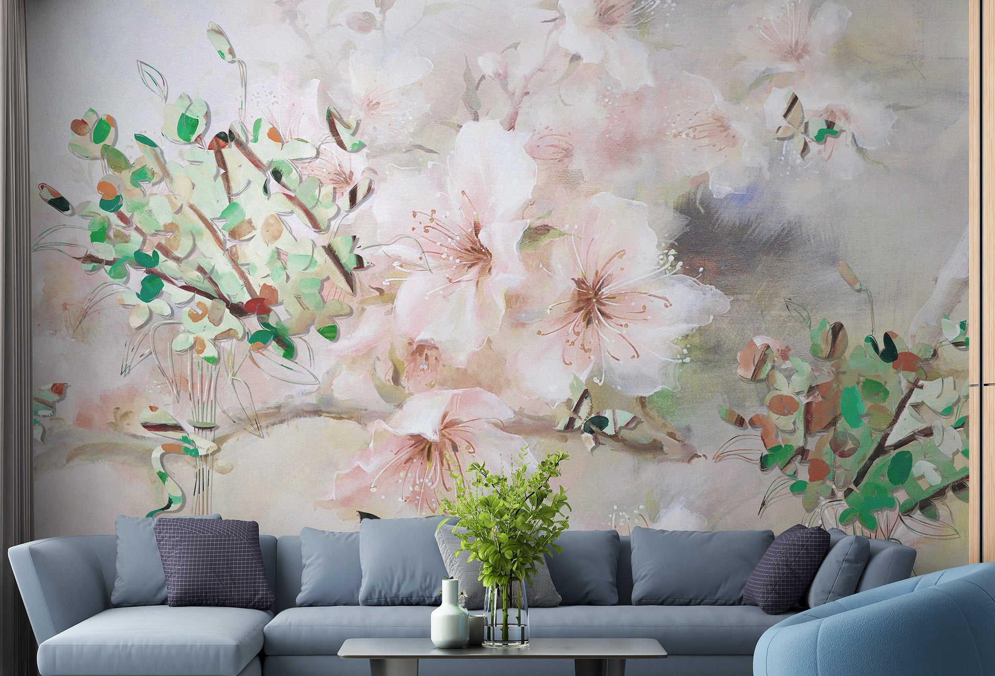 Watercolor-inspired pink sakura flower mural
