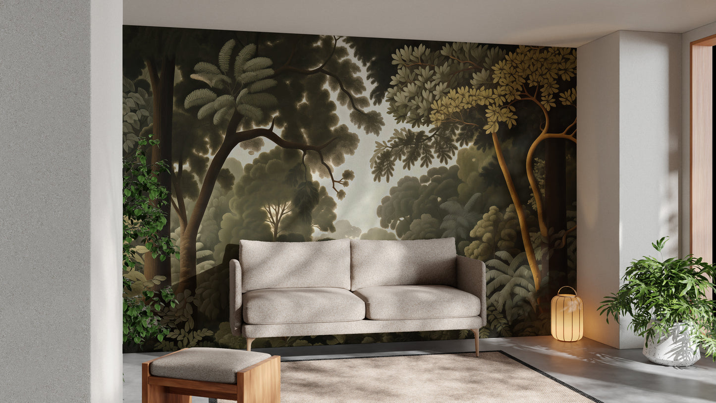 Woodcut Green Nature Botanical wallpaper with a vintage green woodland behind a beige two-seat sofa in a living room