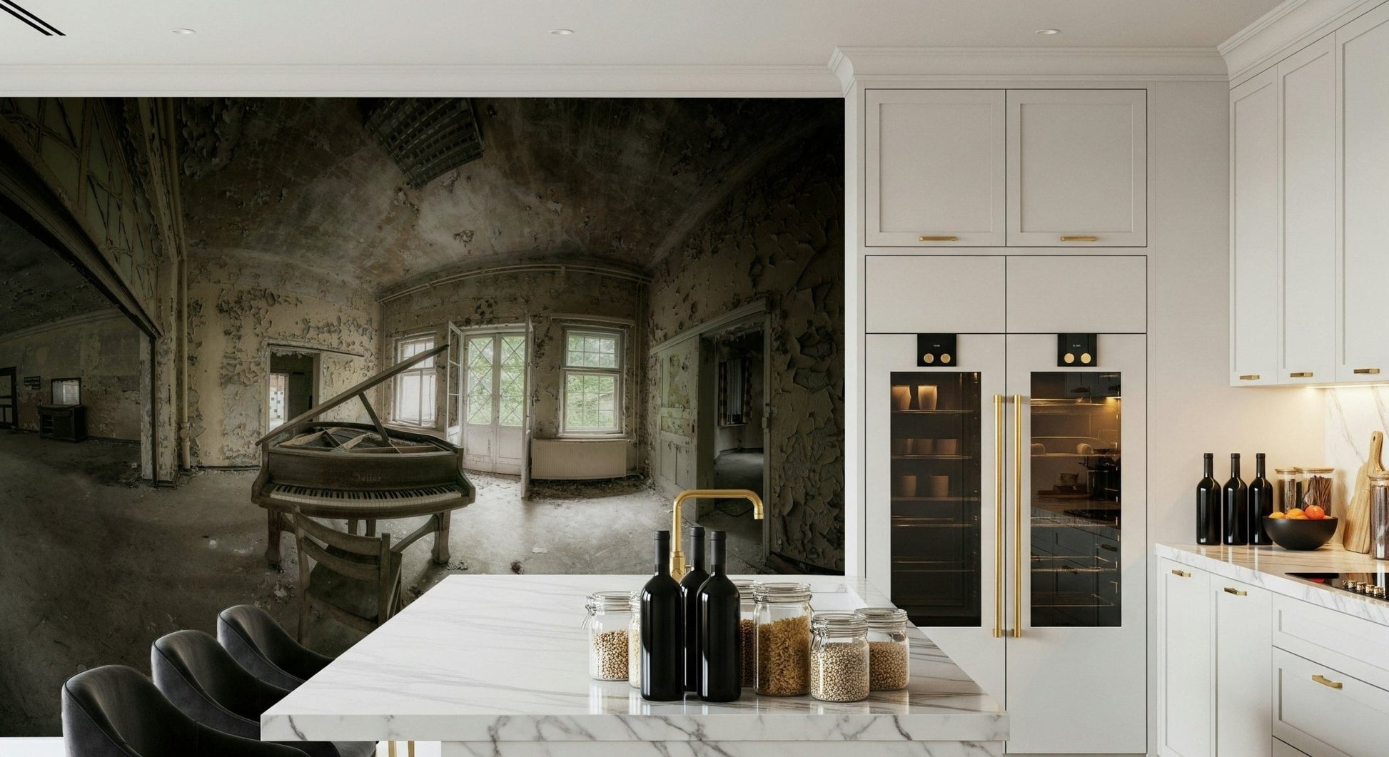 Music-inspired wall mural with artistic piano keys for creative interiors.