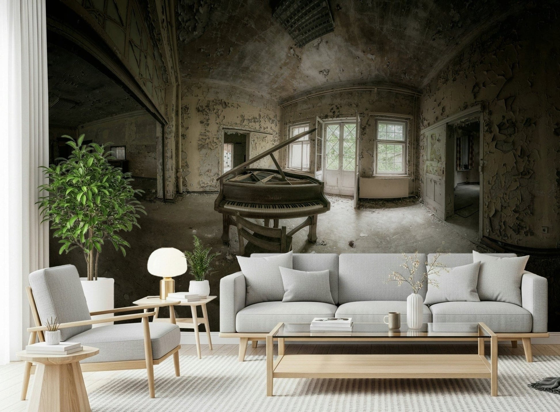 Artistic keyboard wall covering with soft, muted tones and piano motifs.