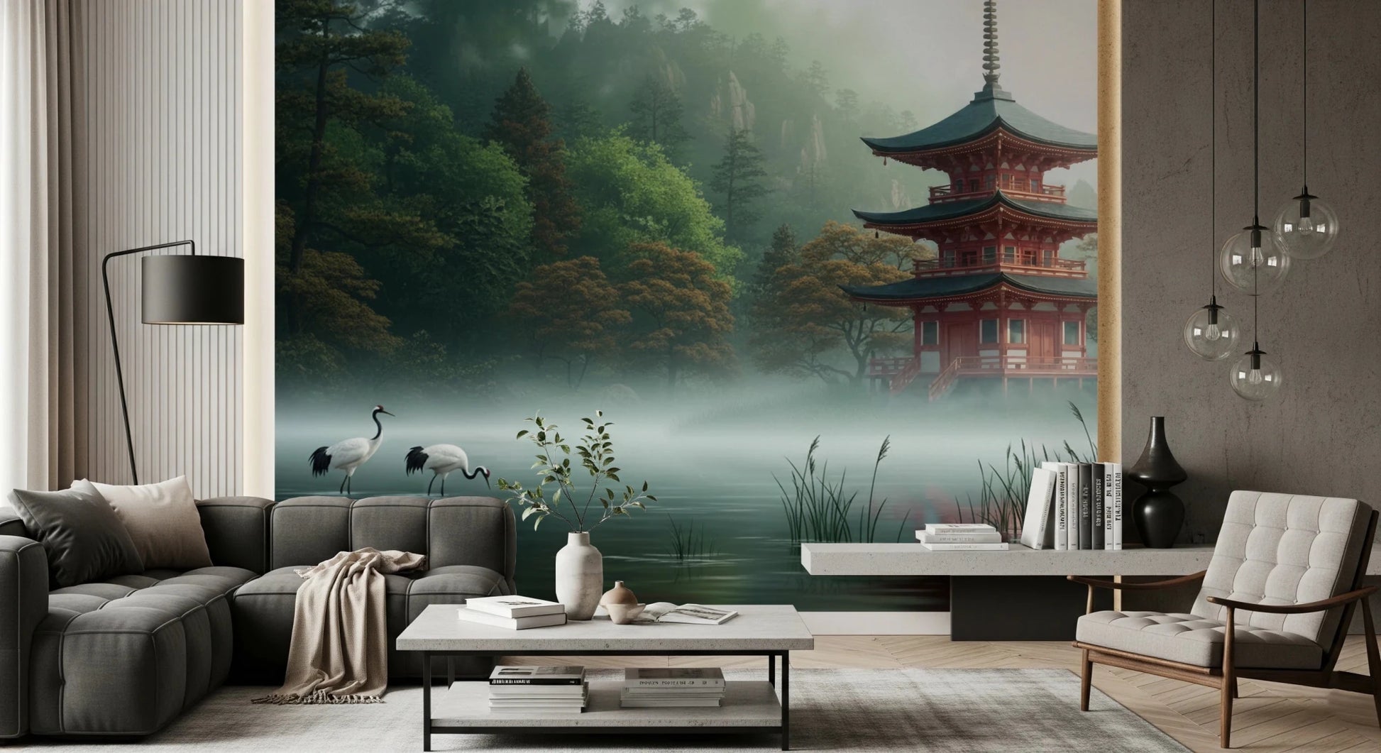 Silent Sanctuary Wall Mural with elegant white birds and tall reeds