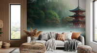 Silent Sanctuary Wall Mural showcasing a tiered temple and foggy forest