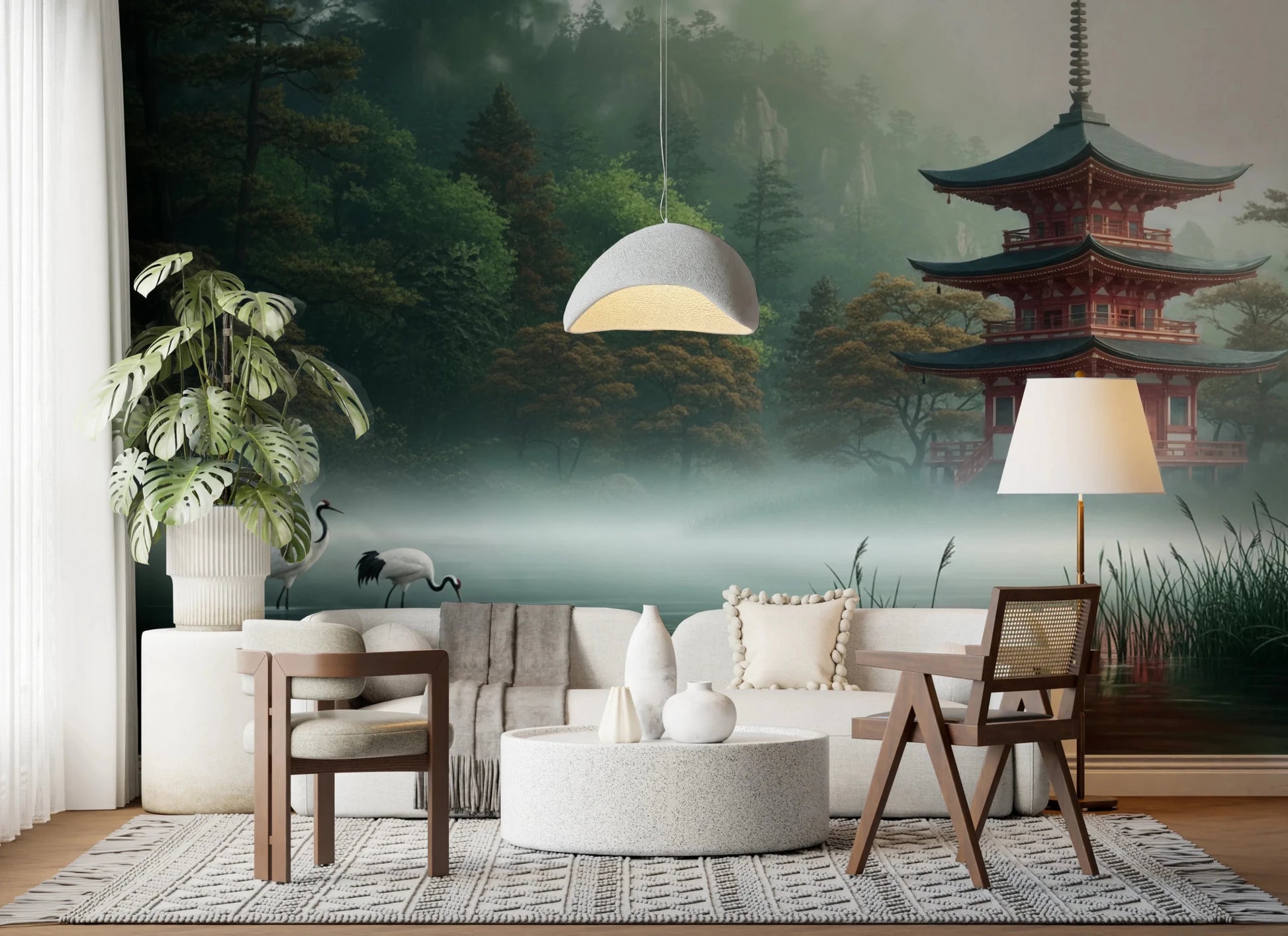Detailed forest and misty mountain backdrop for Silent Sanctuary Wall Mural