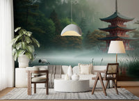 Detailed forest and misty mountain backdrop for Silent Sanctuary Wall Mural