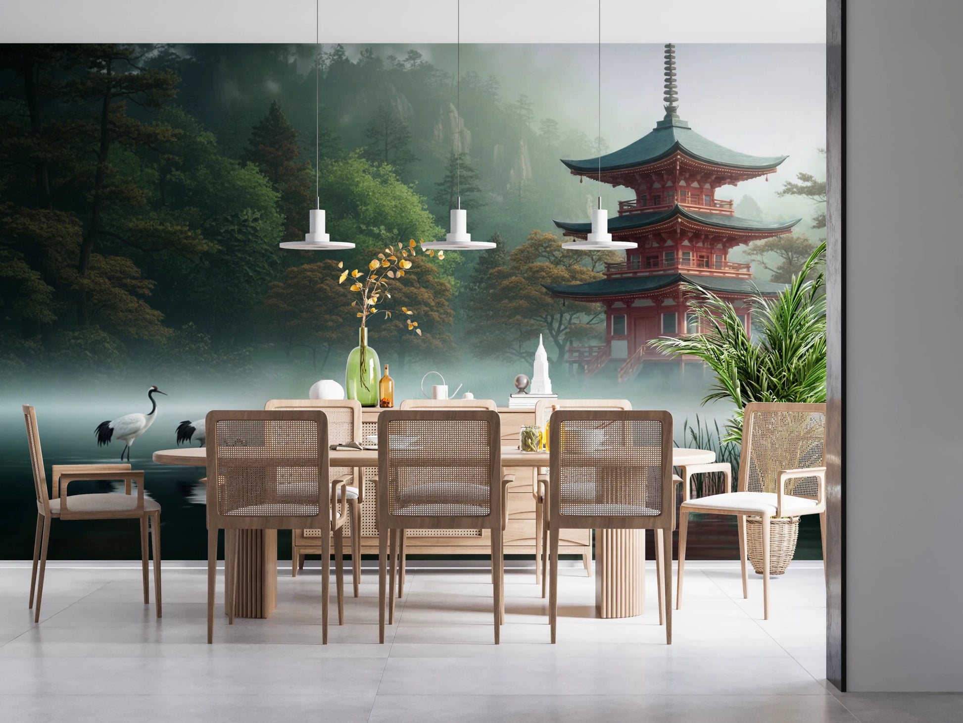 Serene lake reflection of a pagoda in the Silent Sanctuary Wall Mural for dining area. 