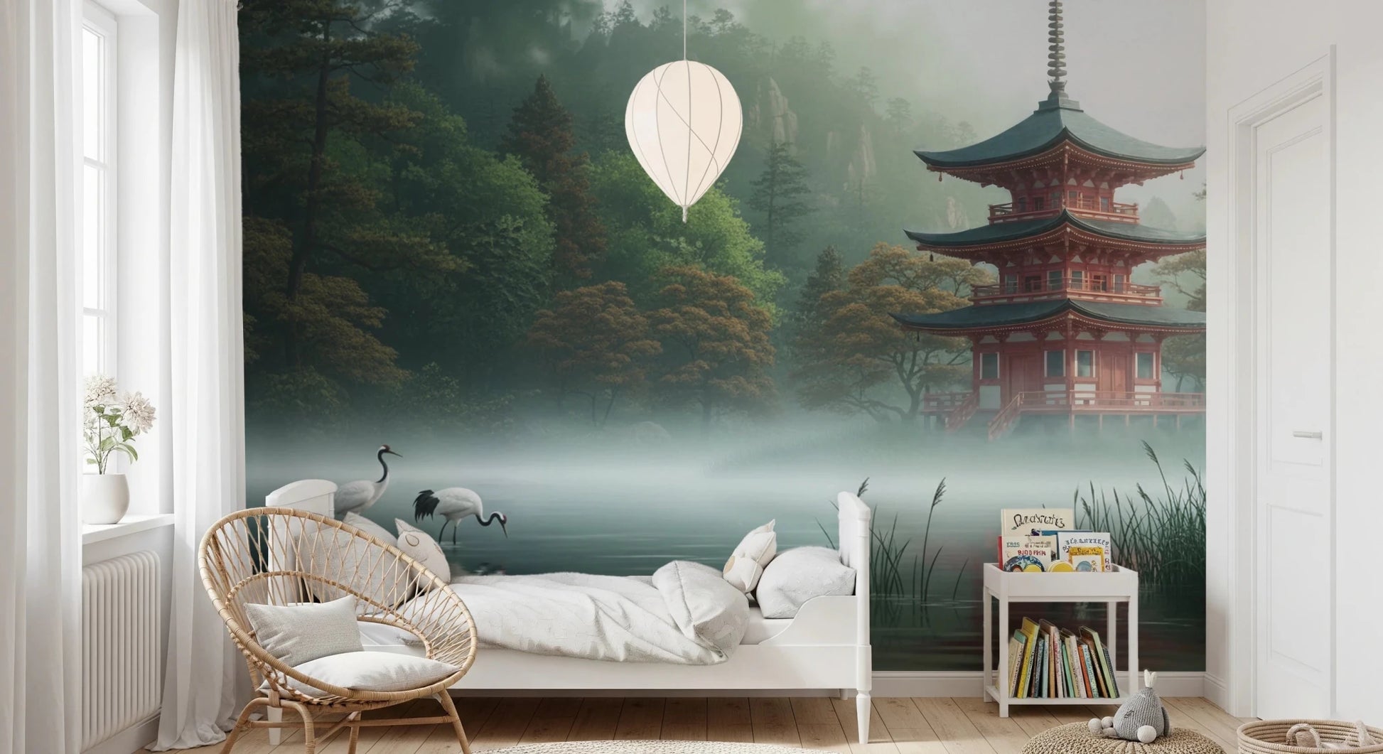 Silent Sanctuary Wall Mural with realistic water ripples and bird figures