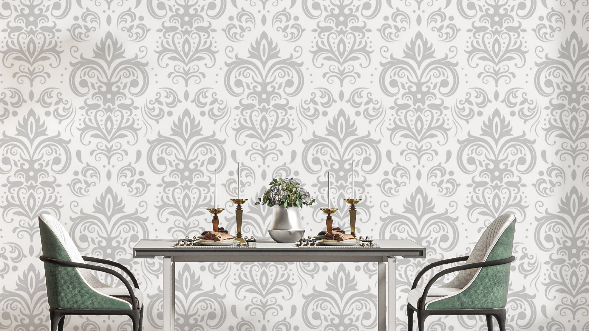 Silver Damask wallpaper shown as a full feature wall that highlights the design