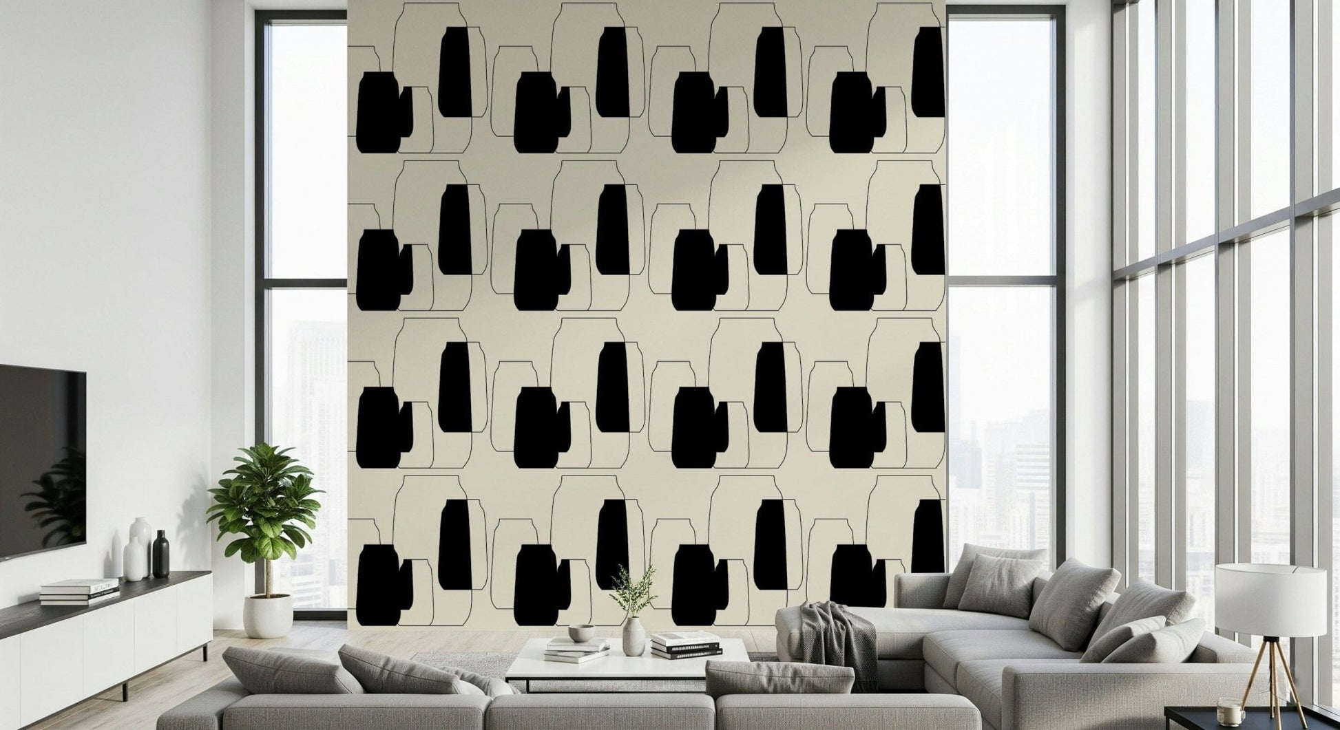 Odd collection of Simple Vessel Shapes mural for walls, black and white pitchers design.