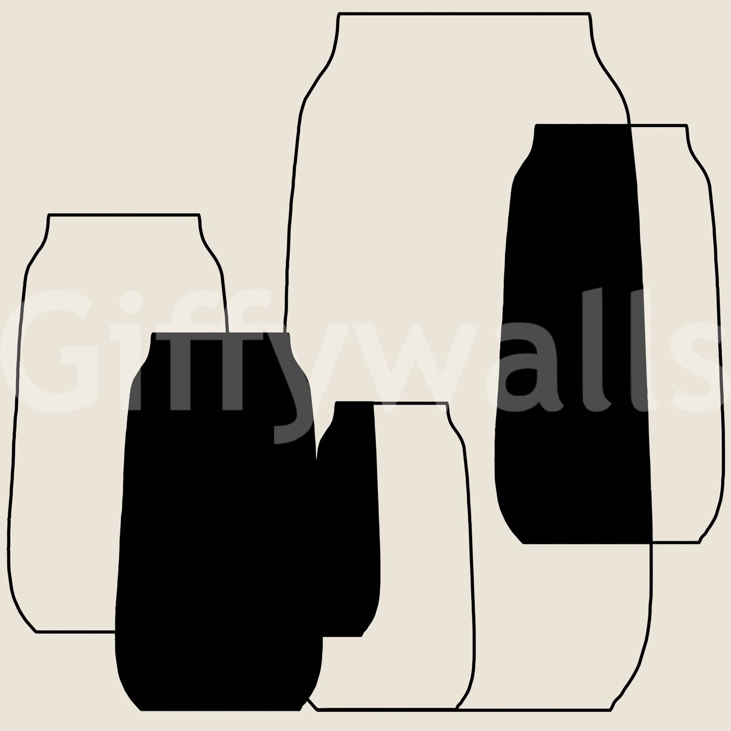 Simple Vessel Shapes mural, geometric bottles, distinctive home furnishings, interior design.