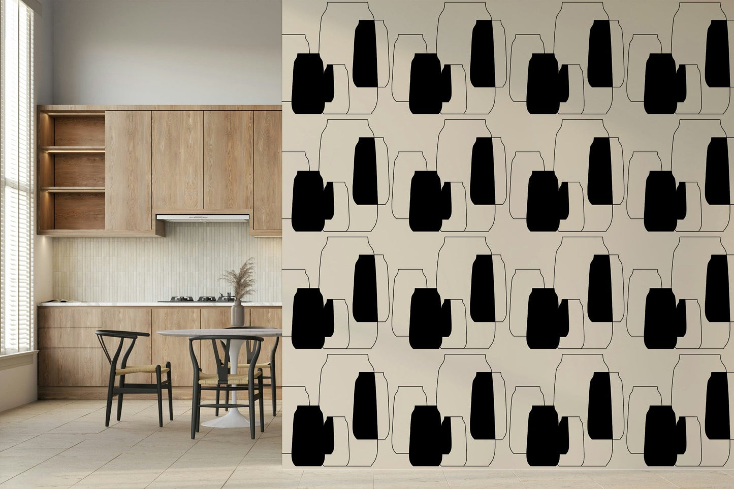 Simple Vessel Shapes abstract art, stylish wall mural of flasks, tincture bottles, and amphorae.